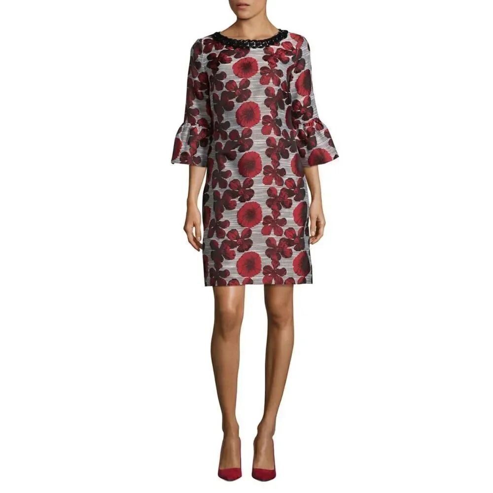 Karl Lagerfeld Women's 2 Flouce Sleeve Sheth Dress Red Poppy Floral Jacquard